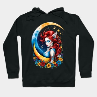 Moonlit Muse: Enchanting Red-Haired Girl Illustration Hoodie